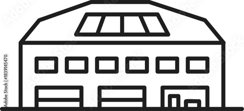 Simple lined drawing showing a warehouse or factory building