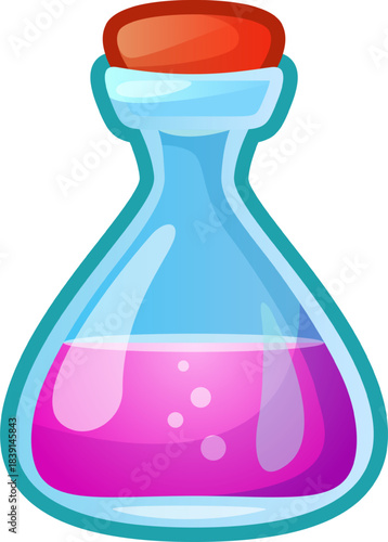 Glass potion bottle with pink liquid and cork stopper