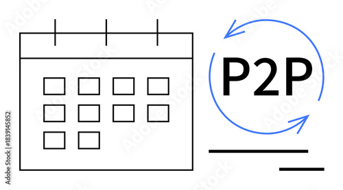 Financial planning, recurring payments, peer-to-peer transactions, time scheduling, payment solutions, digital services. Calendar and P2P circular arrows. Financial planning and recurring payments