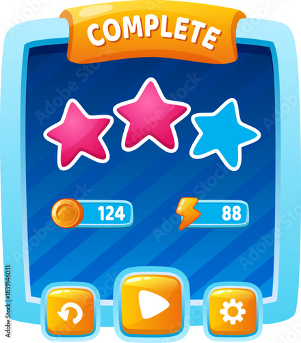 Game level complete screen showing stars and rewards