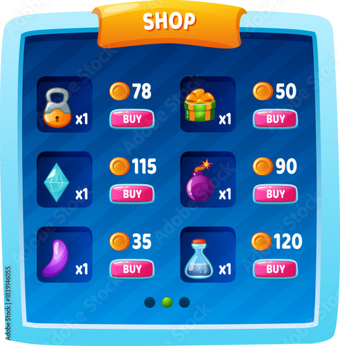 Game shop interface displaying items for in app purchase