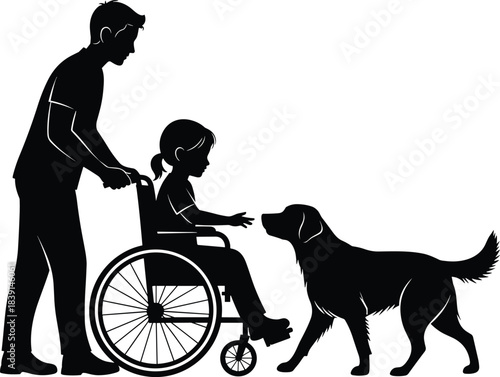 Wheelchair assistance silhouette, caregiver and child icon, dog companion gesture, black illustration, mobility support scene, therapeutic bond concept, inclusive care profile