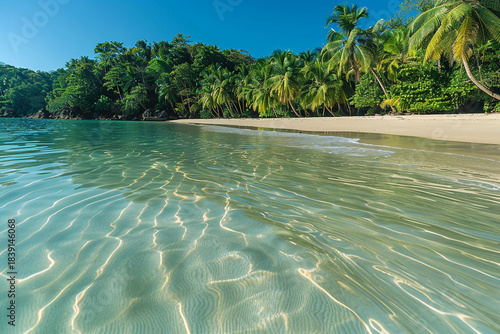 Fototapeta Naklejka Na Ścianę i Meble -  A secluded tropical beach on a small exotic island with a backdrop of dense, green palm trees and clear, shallow waters. The beach is pristine and untouched, 