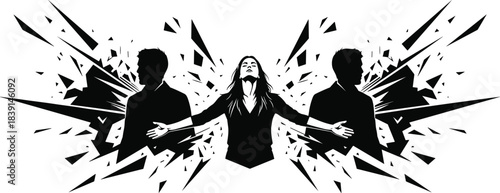 Empowered woman with outstretched arms flanked by male silhouettes, explosive transformation and unity concept in dramatic black-and-white illustration