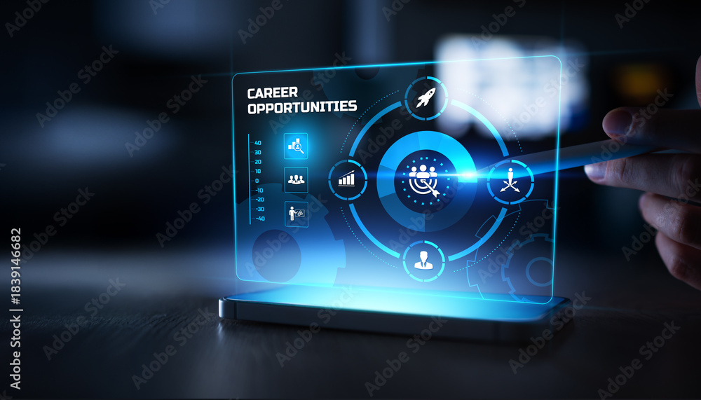 Fototapeta premium Career Opportunities and Professional Growth Interface Displayed on Digital Touchscreen with Business and Talent Development Icons.