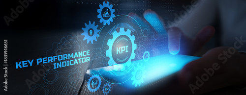 Key Performance Indicators KPI and Business Metrics Visualized on Digital Touchscreen Interface.