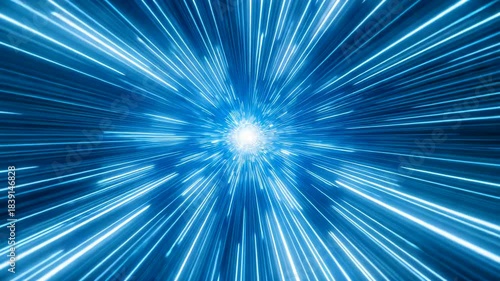Abstract Blue Light Speed Tunnel with Radiating Beams Representing Futuristic Data Travel