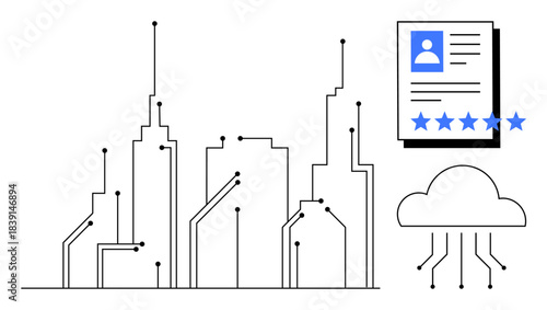 Abstract city skyline with circuit details, cloud computing graphic, and user profile with star ratings. Ideal for technology, big data, IoT, smart cities, cybersecurity, AI digital innovation