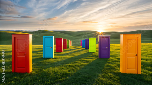 A row of colorful doors stand in a grassy field leading towards a bright sunset and distant hills