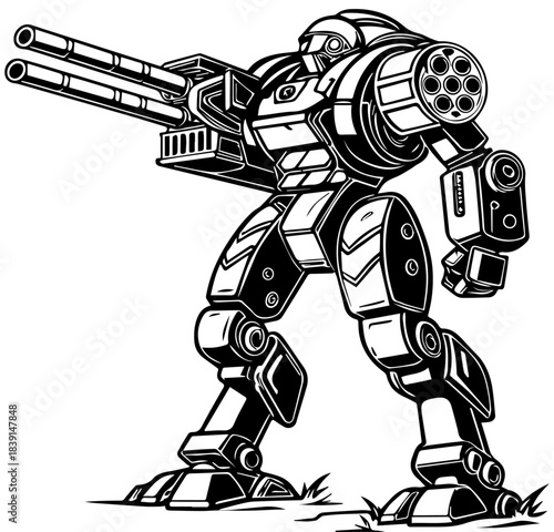 Battle Mech Silhouette – Dual Cannons and Rotary Gun on Armored Combat Robot