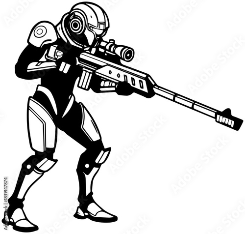 Futuristic Sniper Silhouette – Armored Marksman with Scoped Rifle and Helmet Visor