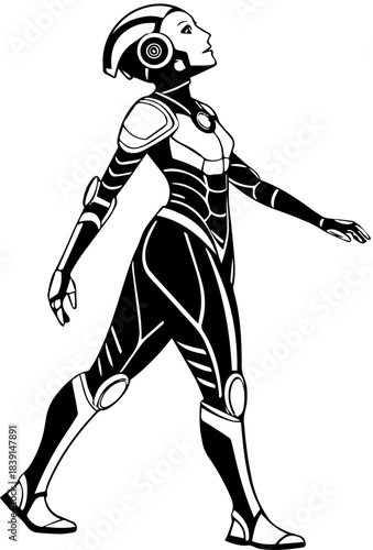 Cyborg Silhouette – Futuristic Robot Walking Upright with Segmented Armor and Tech Helmet