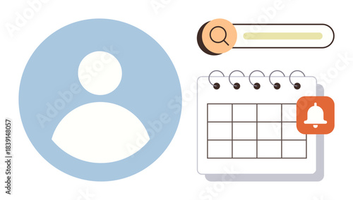 User profile icon, search bar, calendar with event reminder. Ideal for scheduling, reminders, organization, productivity, personal management planning goal tracking. Simple flat metaphor