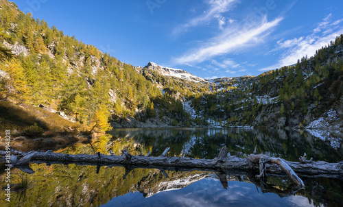 Lago di Sfii in the autumn colored Ticino mountains, Switzerland.