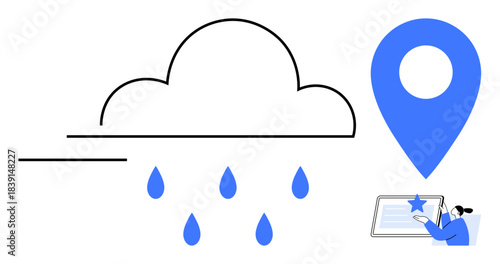 Weather forecast, geolocation services, digital interaction, climate data, user engagement, technology interface. Cloud with raindrops, a map pin and a person interacting with a tablet. Weather
