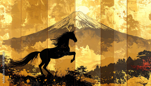 馬の年賀イメージ,金屏風の黒馬,年賀状イメージ,　AI生成画像