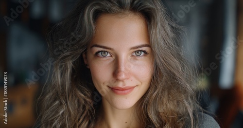 Wallpaper Mural Close up portrait of a woman with long wavy hair natural light and gaze Torontodigital.ca