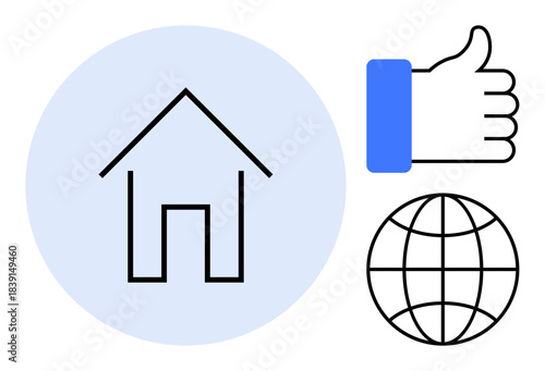 Home and global connectivity. A house icon s home, a globe signifies worldwide access, and a thumbs-up approval. Perfect for about connectivity, housing, communication, approval, or technology