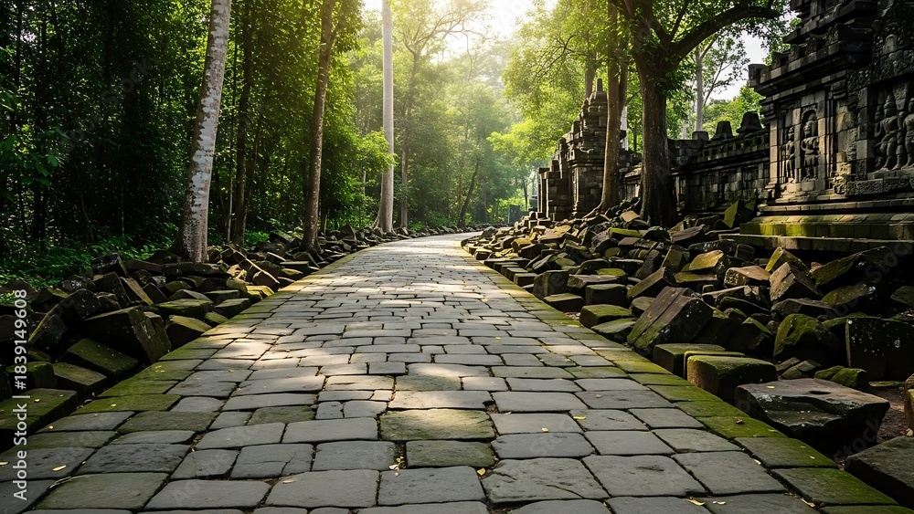 Obraz premium Ancient Stone Path Through Lush Forest at Ta Prohm Temple, Cambodia.