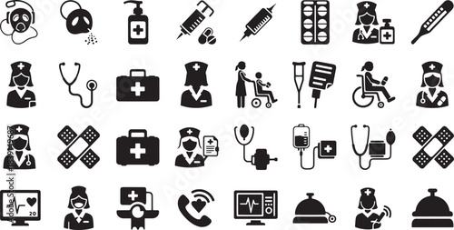 Comprehensive collection of medical nurse icons for healthcare design projects