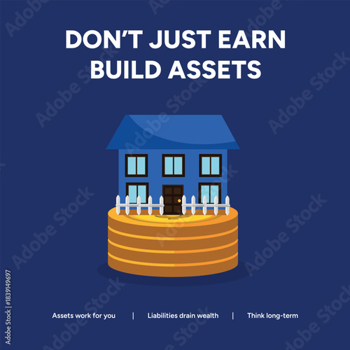 Dont just earn, build assets, as assets work for you, liabilities erode wealth, and drive future taxes in this financial illustration