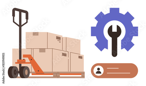 Pallet truck loaded with boxes next to gear with wrench, symbolizing logistics, teamwork, tools, inventory, shipping, process optimization. Ideal for delivery organization system workflows. Simple