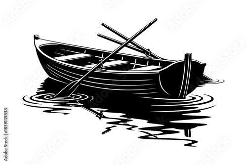 Classic wooden rowboat, complete with traditional oars, gently drifts on tranquil water, creating a serene reflection that embodies peaceful solitude and timeless maritime heritage