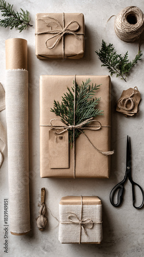 Neutral Eco-Friendly Holiday Gift Wrapping Flat Lay with Kraft Paper, Twine and Evergreen on Light Textured Background