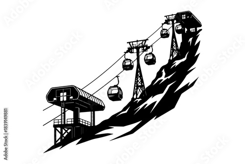 Monochrome illustration of a mountain gondola lift, showcasing cable cars ascending a steep, stylized peak, embodying high-altitude transport and scenic alpine journeys