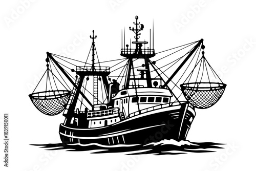 Striking monochromatic illustration of a powerful deep-sea fishing vessel actively trawling, representing the arduous work and vital role of the fishing industry in providing global food sources