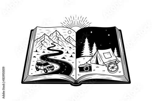 Open book illustrating a journey through nature, from a mountainous road trip to a serene camping scene under the stars