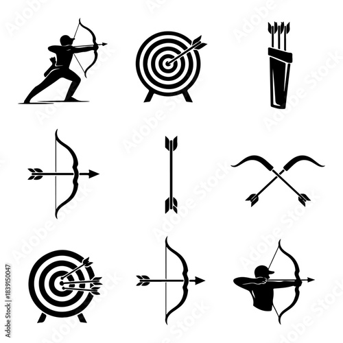Collection of archery icons featuring targets, bows, arrows, and archers in action, representing sport and precision