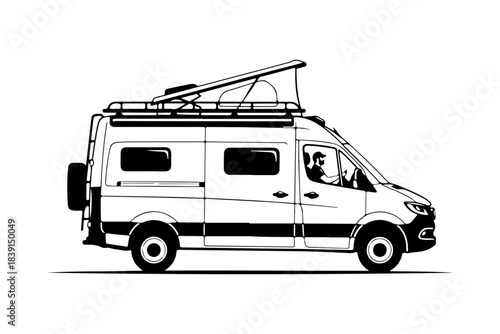 Sleek monochrome vector illustration of a modern camper van with a pop-up roof, embodying the spirit of adventurous road trips and mobile exploration