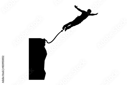 Bold silhouette illustration of a person bungee jumping off a steep cliff, showcasing the excitement and adrenaline rush of extreme sports, adventure, and defying gravity