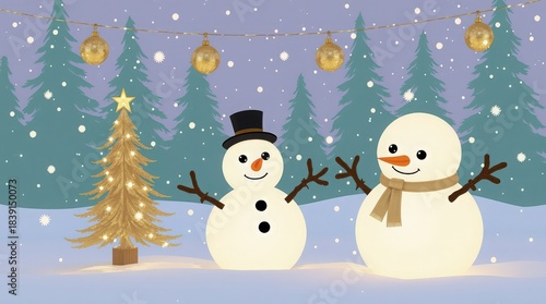 Whimsical digital art illustration of two smiling, illuminated snowmen alongside a glittering golden Christmas tree