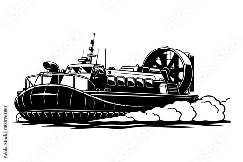 Detailed monochrome illustration of a modern hovercraft rapidly gliding over a surface, highlighting its powerful propulsion system and versatile amphibious capabilities