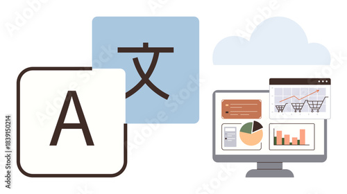 Language translation icons with graphs on a monitor illustrate data analytics, e-commerce, global reach. Ideal for technology, localization, business growth, education, communication, cloud