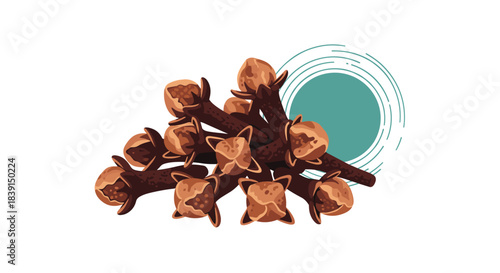 A stylized illustration depicts a cluster of dried brown cloves, an essential aromatic spice, with a decorative teal circle in the background.