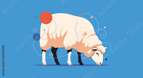 Modern stylized illustration of a white sheep grazing on a vibrant blue background, accented with abstract geometric shapes and flowing lines.