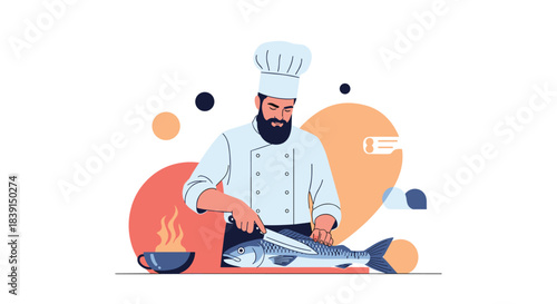 A male chef with a beard and uniform is meticulously preparing a fresh fish on a cutting board in a professional kitchen setting.