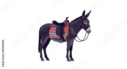 Cartoon graphic of a domesticated dark gray donkey, equipped with a saddle and a vibrant, patterned blanket, standing calmly.