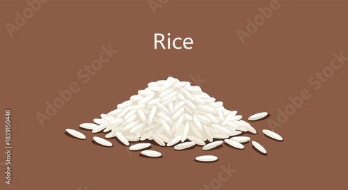 A simple graphic illustration depicting a heap of white, uncooked rice grains on a plain brown background, with the word 'Rice' written above it.