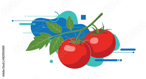 A vibrant illustration of two fresh red tomatoes on a leafy vine, accented by dynamic abstract blue and turquoise shapes.