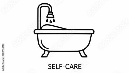 Relaxing bath scene with self-care theme, featuring a bathtub and shower, serene environment