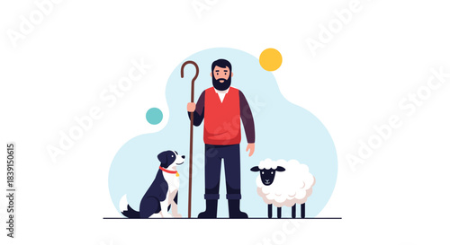 A friendly bearded shepherd stands with his loyal sheepdog and a fluffy sheep, portrayed in a charming cartoon illustration representing farm life.