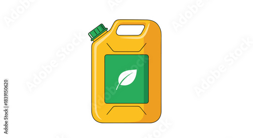 A yellow jerry can with a green cap and an eco-friendly leaf symbol on a green label, representing sustainable biofuel.