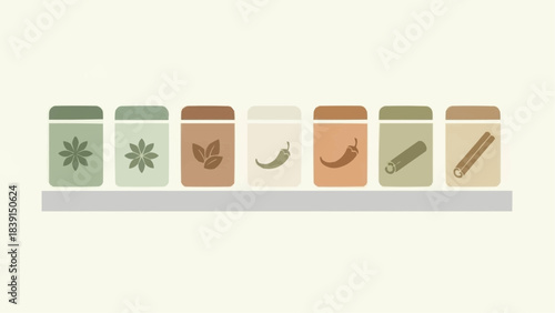 Various spice jars arranged on a shelf in a kitchen, showcasing different ingredients and packaging styles from a straightforward viewpoint.