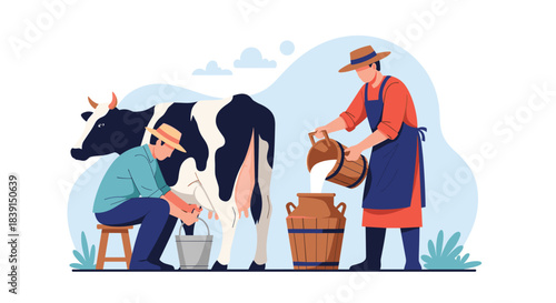 Two farmers engaged in traditional dairy farming, with one milking a cow and the other transferring fresh milk into a large churn.