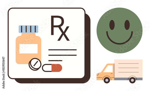 Medicine bottle, pills, Rx sign, delivery truck, and happy face. Ideal for pharmacy, healthcare, logistics delivery medication services patient care e-commerce. Clean simple flat metaphor