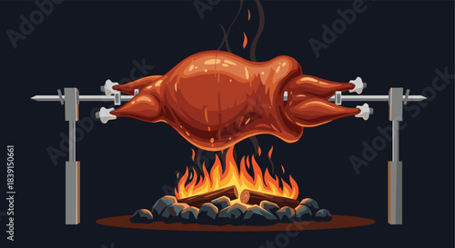 A delicious whole chicken slowly roasting on a rotating spit over a crackling open campfire, evoking a rustic and traditional cooking scene.